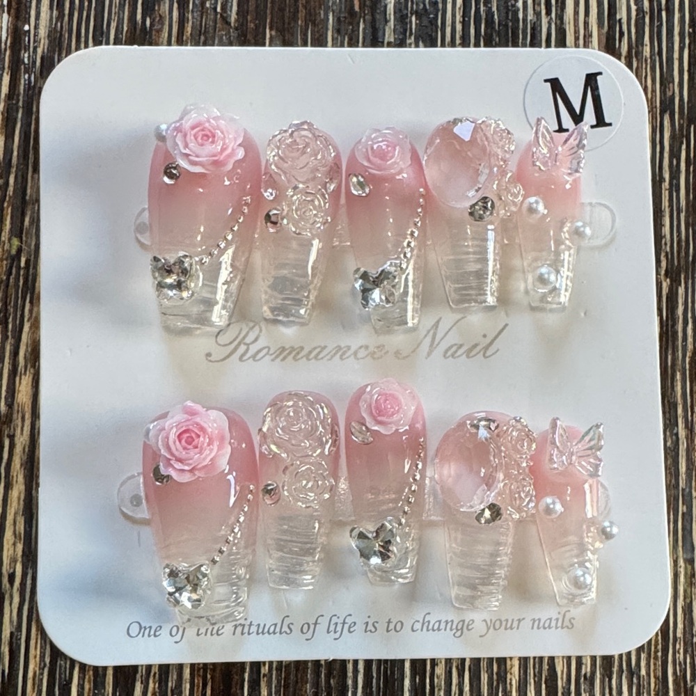Pink and Clear Floral Press on Nails